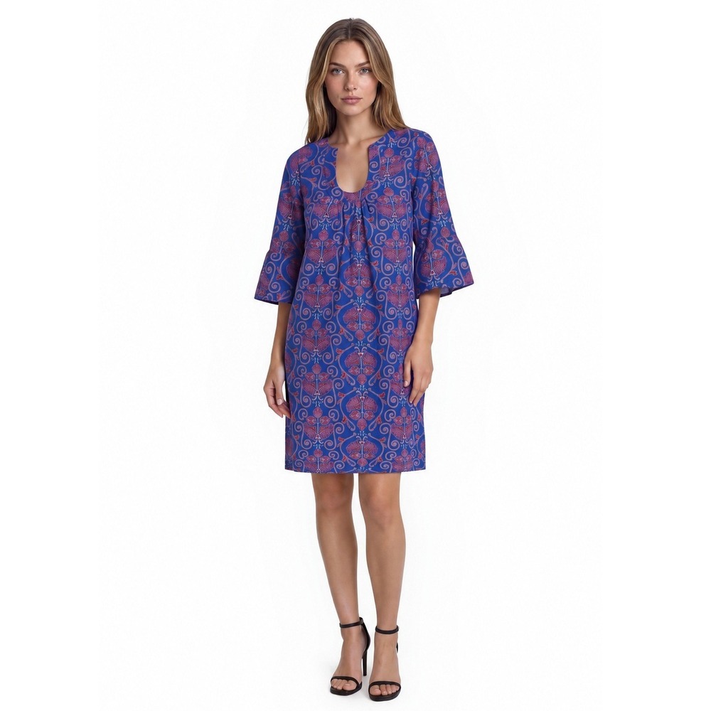 Tracy Negoshian Shift Dress Women's Size Small Blue Damask Floral Bell Sleeve